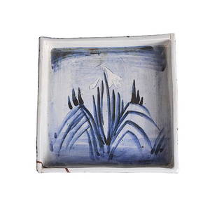 Bernard Leach (British, 1887-1979): Porcelain, blue and white brushed design of daffodils, impressed Leach Pottery seal with paper label reading 1- "All bidding must be placed through the Maak Contemporary Ceramics website. Please