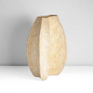 Paul Philp (British, b.1941): Stoneware, roughly textured surface with dry ochre and cream mottled glazes, impressed maker's mark "All bidding must be placed through the Maak Contemporary Ceramics website. Please register for more