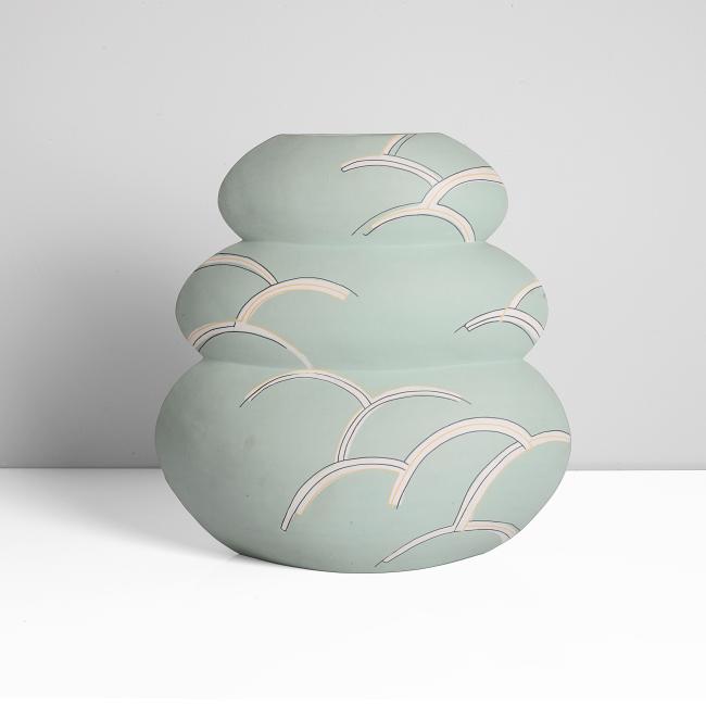 Felicity Aylieff (British, b.1954): Earthenware, dry pale green body with a tailed and inlaid design in cream, yellow and black, incised signature and date "All bidding must be placed through the Maak Contemporary Ceramics website. Plea