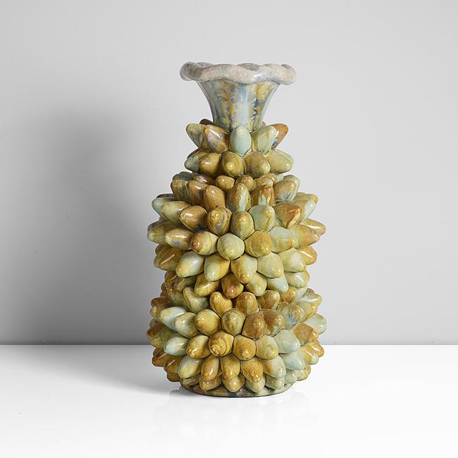 Kate Malone (British, b.1959): Earthenware, green, ochre, blue, and turquoise crystalline glazes, incised signature "All bidding must be placed through the Maak Contemporary Ceramics website. Please register for more details."
