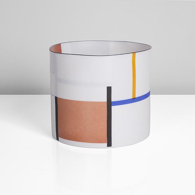 Bodil Manz (Danish, b.1943): Porcelain, transparent glaze with coloured blocks and linear designs inside and out, a fine black band to the rim, painted signature "All bidding must be placed through the Maak Contemporary Ceramics