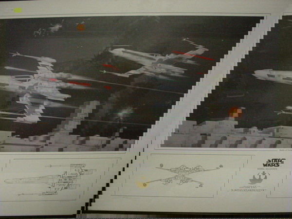 STAR WARS ART PRINT FEATURING X WING STAR FIGHTER: STAR WARS ART PRINT FEATURING X WING STAR FIGHTER SCHEMATIC PLUS BATTLE OF YAVIN - ART BY D.M. RENNINGER, SIGNED & NUMBERED (ISSUE NO. 2681 OF 5000) - 80 CMS WIDE IN FRAME LTD EDT