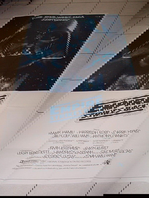 MOVIE POSTER – EMPIRE STRIKES BACK 3-SHEET, AMERIC: MOVIE POSTER – EMPIRE STRIKES BACK 3-SHEET, AMERICAN, 1981, PRINTED IN USA, MEASURES 77" HIGH, ORIGINALLY 3 HORIZONTAL & 4 VERTICAL FOLDS