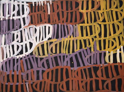 Minnie Pwerle (1910-2006) Awelye Atnwengerrp 2004: synthetic polymer paint on Belgian linen120 x 92 cmARTWORK DETAILSMinnie’s career shared much in common with that of her sister-in-law, the great Emily Kame Kngwarreye. Both began painting in