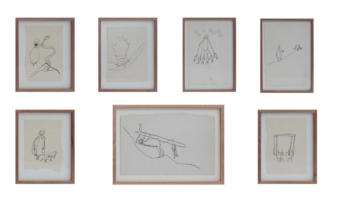 Queenie McKenzie (1930 -1998) A Group of Seven: Ink on paperARTWORK DETAILS 1. Jesus Man and the Rainbow Snake - "Our Culture" Snake bin come from his home under the ground. Bin talking with Jesus business you know. Size: 22 x 32.5 cm, 35 x 44 cm f