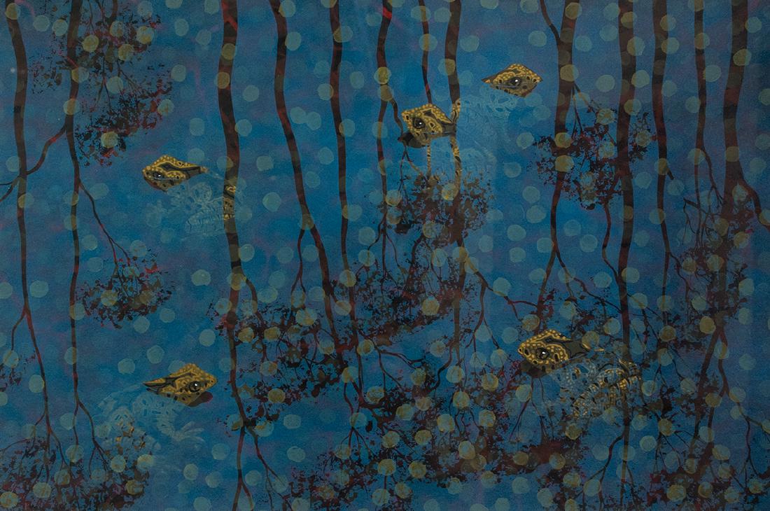 Lin Onus (1948 -1996) Gumurring Garkman 1994: Lin Onus played a pivotal role in the emergence of urban Aboriginal art through his practice as an artist and advocate. A Yorta Yorta man from Cumeraganga on the Murray River, he grew up in urban Melb