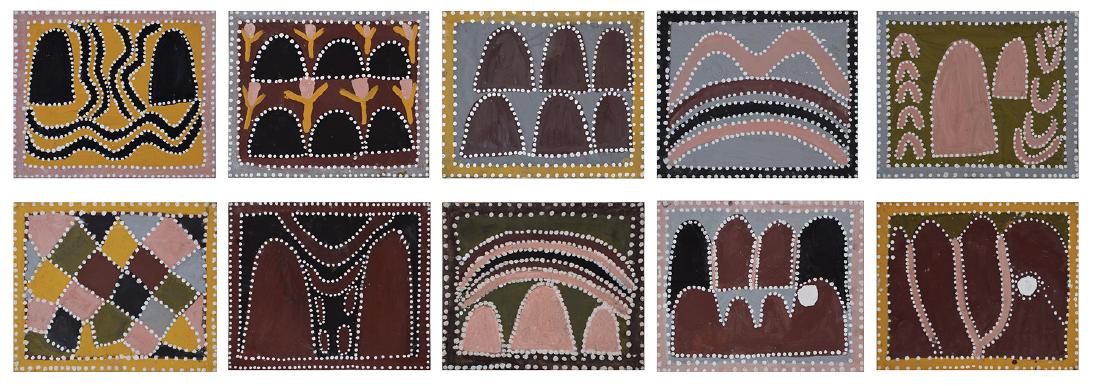 Queenie McKenzie (1930 -1998) Set of 10 images: In this lovely set of 10 small works Queenie McKenzie has painted sites in the country of her childhood and early working life on Old Texas Station where the rocky hills are seen as separate forms on