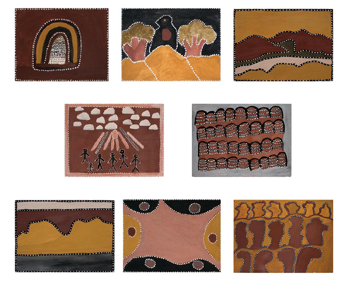 Various, Set of 8 Kimberley Paintings on paper: Goody Barratt - Cuminbah, 1997 Nancy Nodea - Irrulirrulji - Red Breasted Robin, 1999 Jack Britten - Looloom Country, 1997 Queenie McKenzie - Jesus Over Texas, 1999 (framed) Beerbie Mungnari - Badaba B