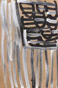 Minnie Pwerle (1910-2006) Awelye Atnuengerrp: The bold linear patterns of stripes and curves throughout Minnie’s painting depicts the women’s ceremonial body paint design. After smearing their bodies with animal fat, the women trace these des