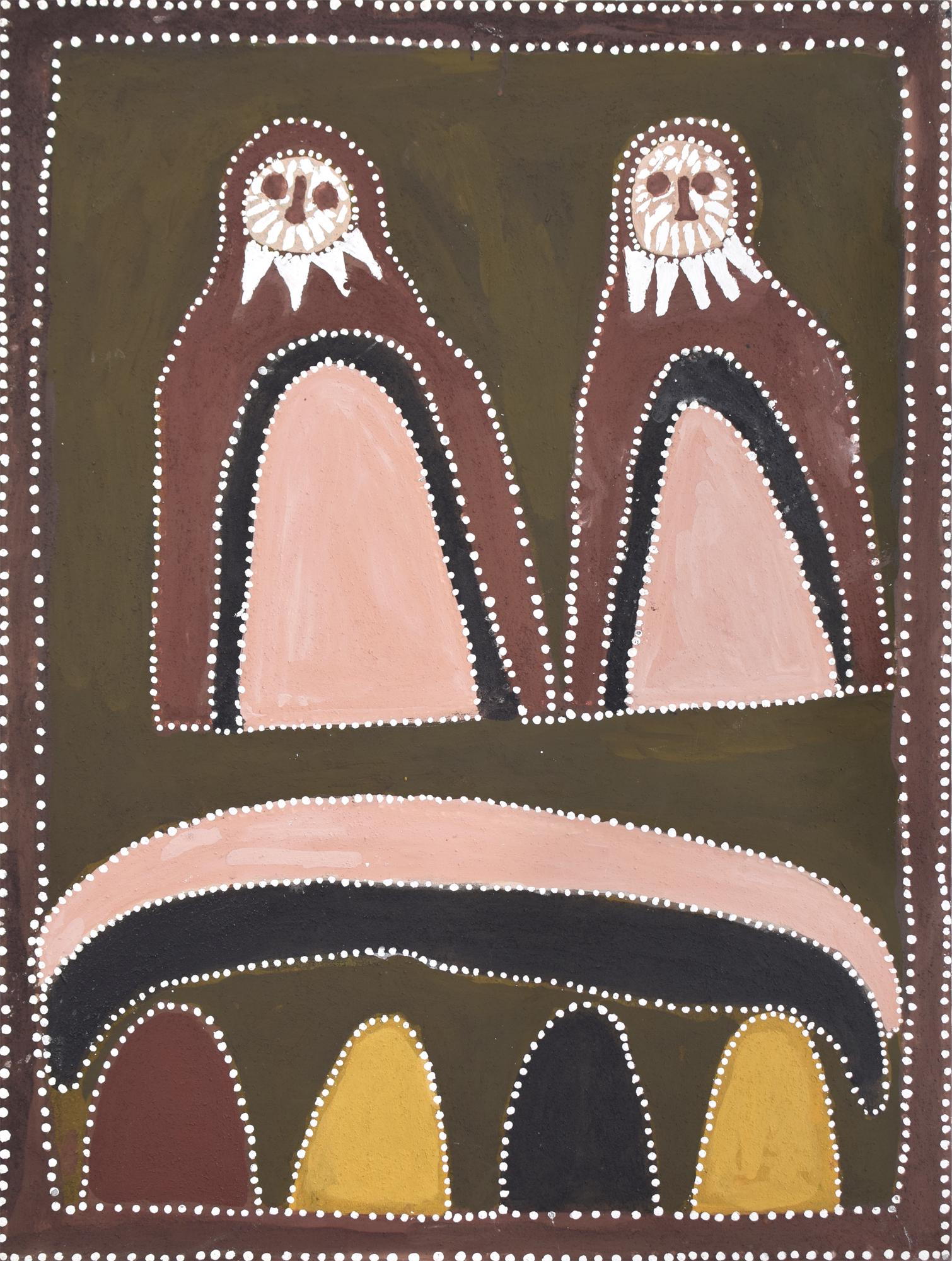 Queenie McKenzie Nakara - Domboyn - Owls, 1996: The Mook Mook Owls, mother and baby, are found in a cave at the Blue Tongue Lizard Dreaming site, adjacent to Pompei Pillar near the turnoff to the Argyle Diamond Mine. The cave site is called Tunnel
