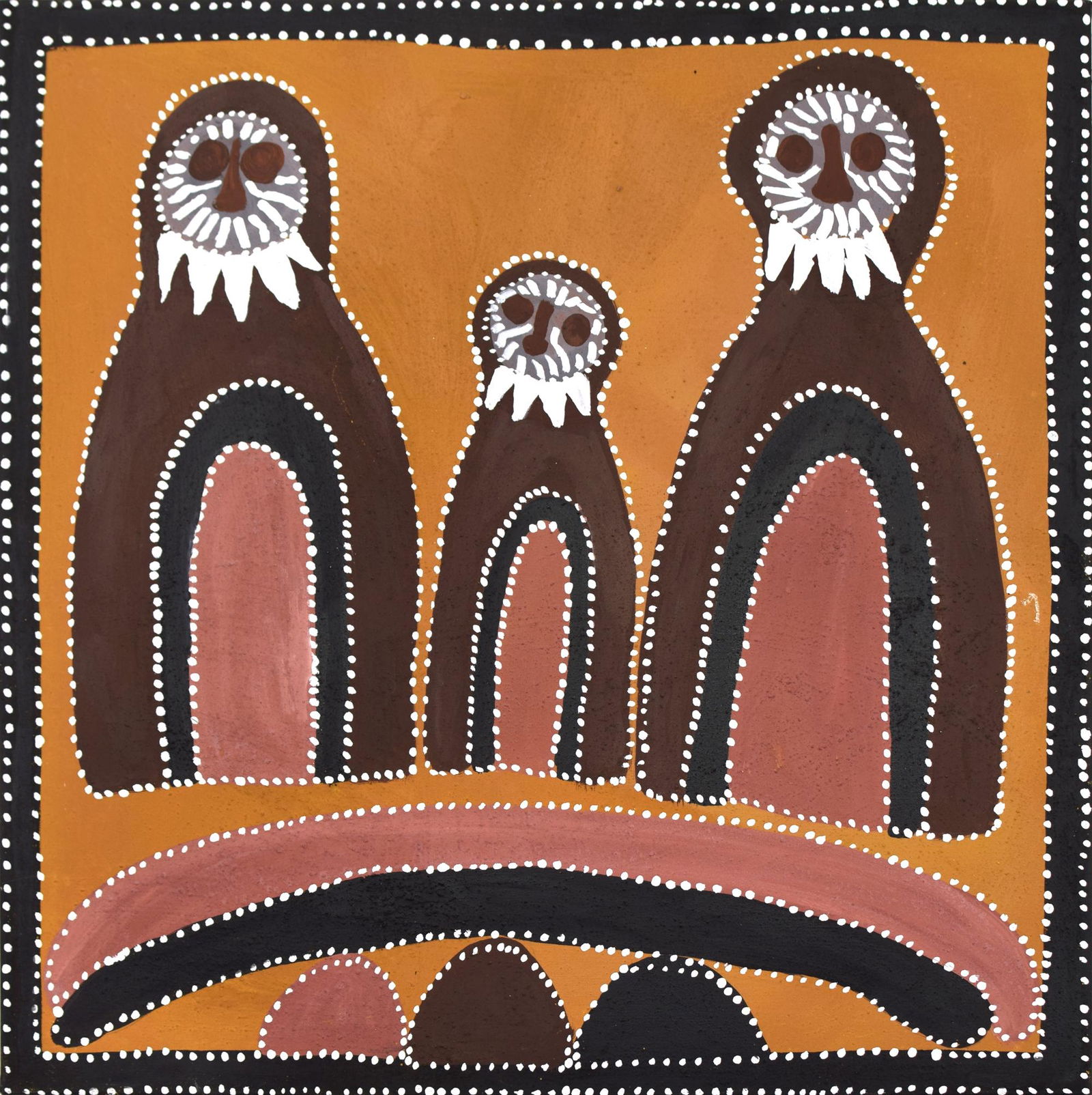 Queenie McKenzie Nakara - Mook Mook Owls with Young,: The Mook Mook Owls, mother and baby, are found in a cave at the Blue Tongue Lizard Dreaming site, adjacent to Pompei Pillar near the turnoff to the Argyle Diamond Mine. The cave site is called Tunnel