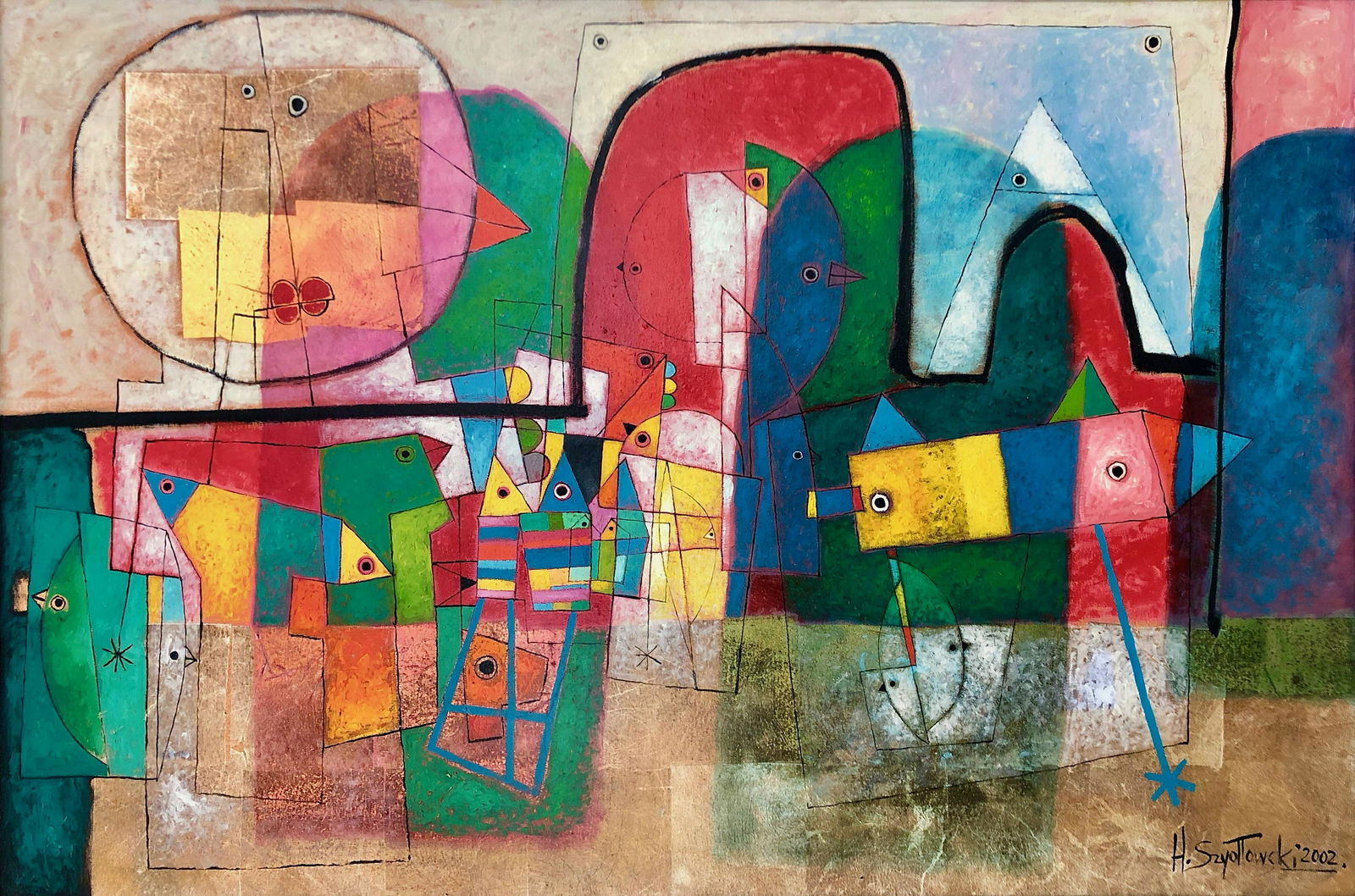 HENRYK SZYDLOWSKI - Sunrise in the Magical Green River: (b. 1950) Oil and gold foil on canvas 65 cm x 90 cm Signed & dated 2002