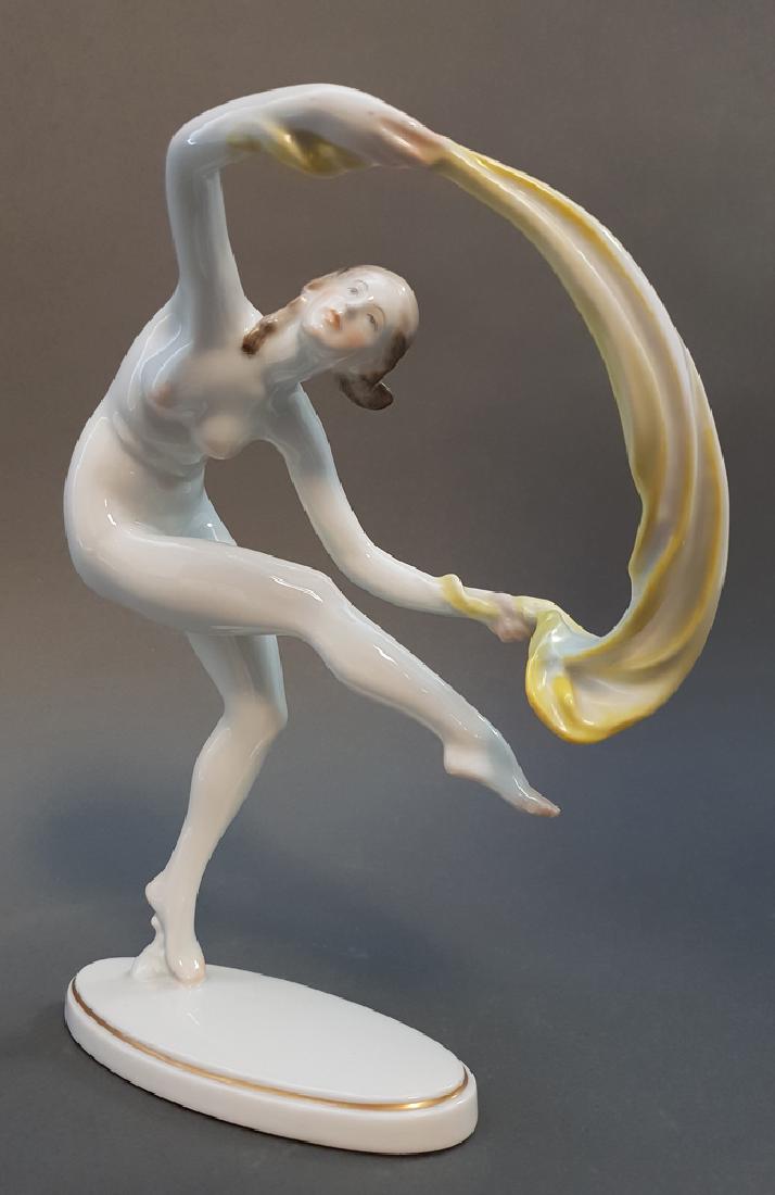 A HEREND HVNGARY "Nude Dancer" Porcelain Sculpture: A HEREND HVNGARY "Nude Dancer" Hand Painted Porcelain Sculpture, Vintage Art Deco, 20th Century. Model No.15734, Limited Edition No.#74, H 8.3/4"