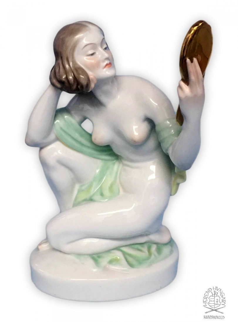 HEREND HVNGARY "Kneeling Nude Lady & Mirror" Figurine: A Vintage HEREND HVNGARY "Kneeling Nude Lady With Hand Mirror" Hand Painted Porcelain Statue. Low pressure Hungarian "Herend" mark and Signing pedestal Szilagyi Nagy. H 8.3/4"