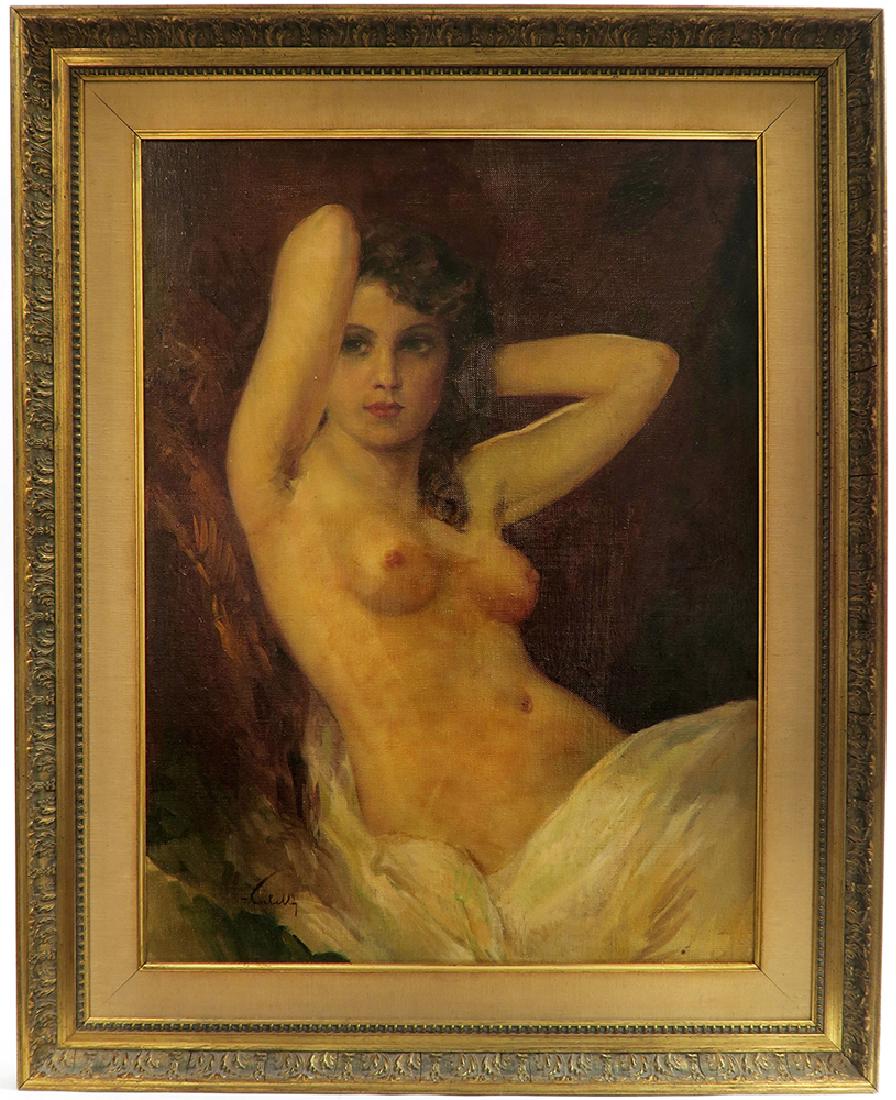 Tito Corbella (1885-1966) "Nude Woman" Oil on Canvas: Original, mid-century, Oil Painting on stretched canvas by the Italian artist, Tito Corbella (1885-1966). Painting: 20" x 27", Gilt and linen frame: 33.1/2" x 27"