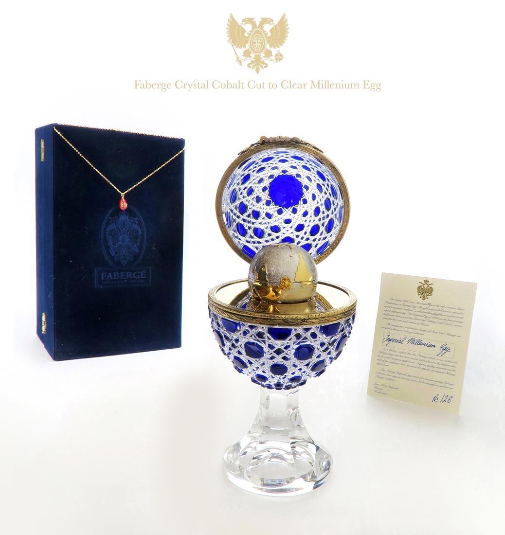 Faberge Crystal Cobalt Cut to Clear Millennium Egg (1 of 8)