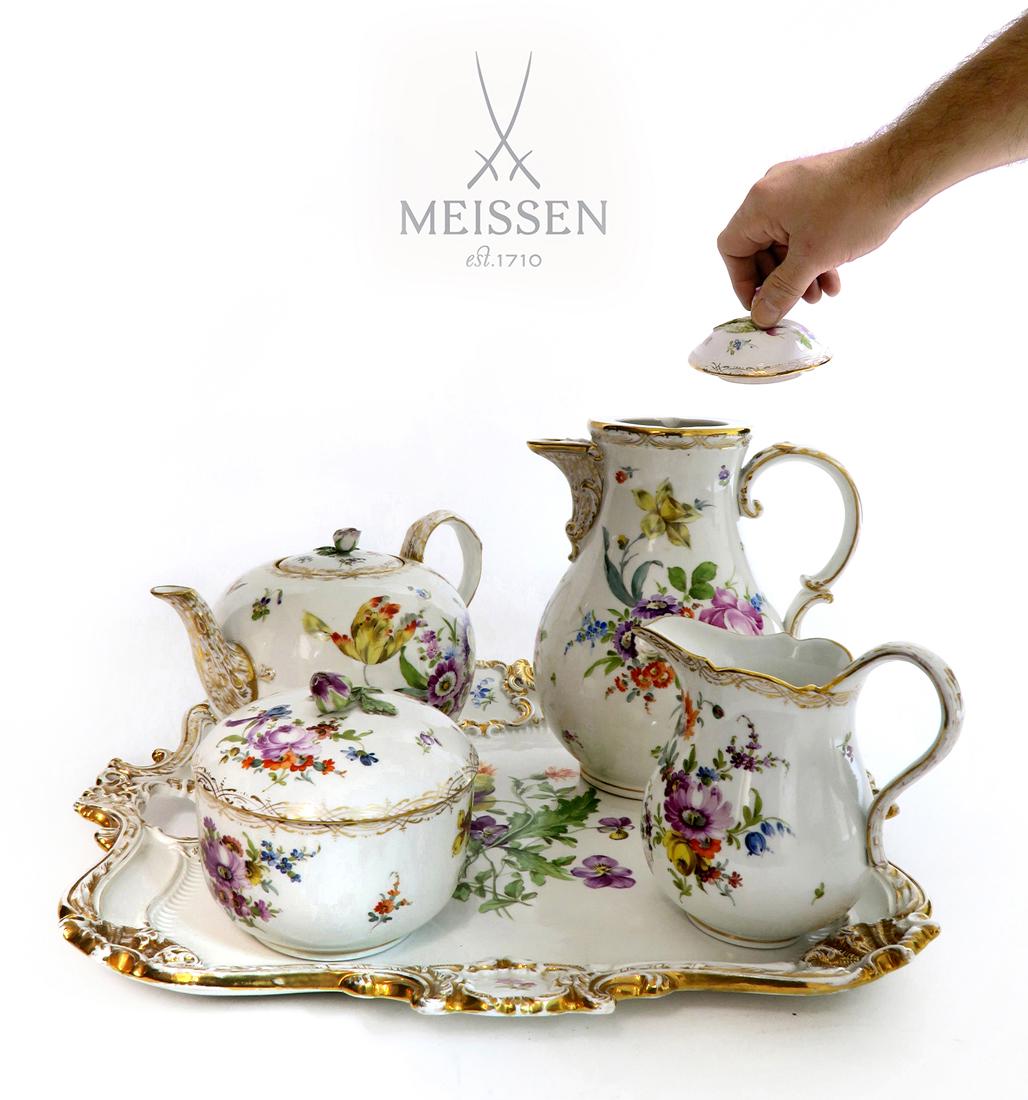 19th C. Meissen Porcelain Tea Set and Tray