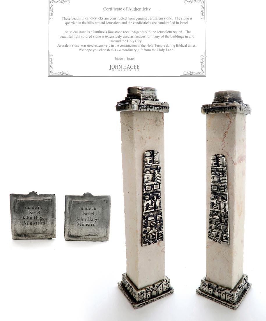John Hagee Pair of Judaica Jerusalem Stone Candlesticks (1 of 9)