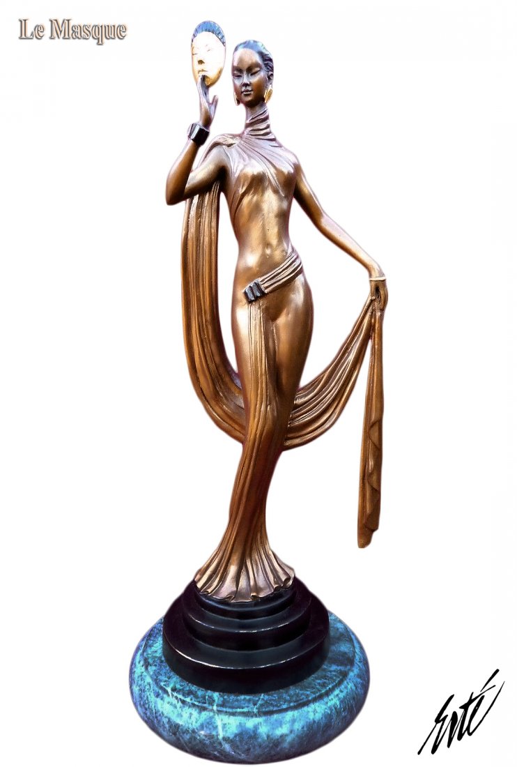 Le Masque, After ERTE Cold Painted Bronze Figurine: Le Masque, After ERTE Cold Painted Bronze Statue on Marble Base. This sculpture is based upon "Le Masque" originally created by the famous Russian born, French Artist, Erte. Overall H 16.1/8", Weight: