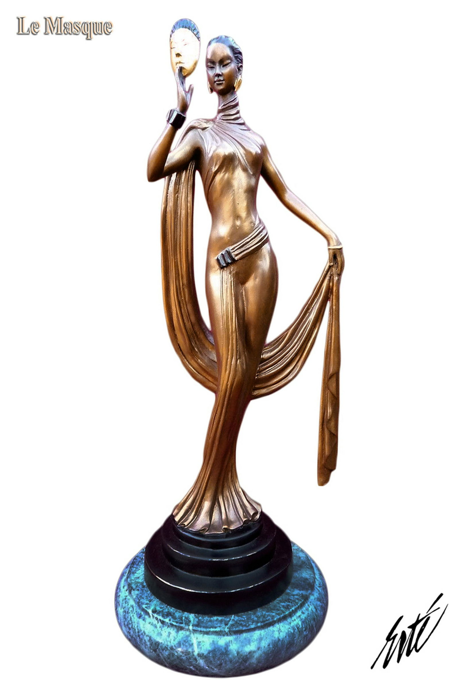 Le Masque, After ERTE Cold Painted Bronze Figurine: Le Masque, After ERTE Cold Painted Bronze Statue on Marble Base. This sculpture is based upon "Le Masque" originally created by the famous Russian born, French Artist, Erte. Overall H 16.1/8", Weight: