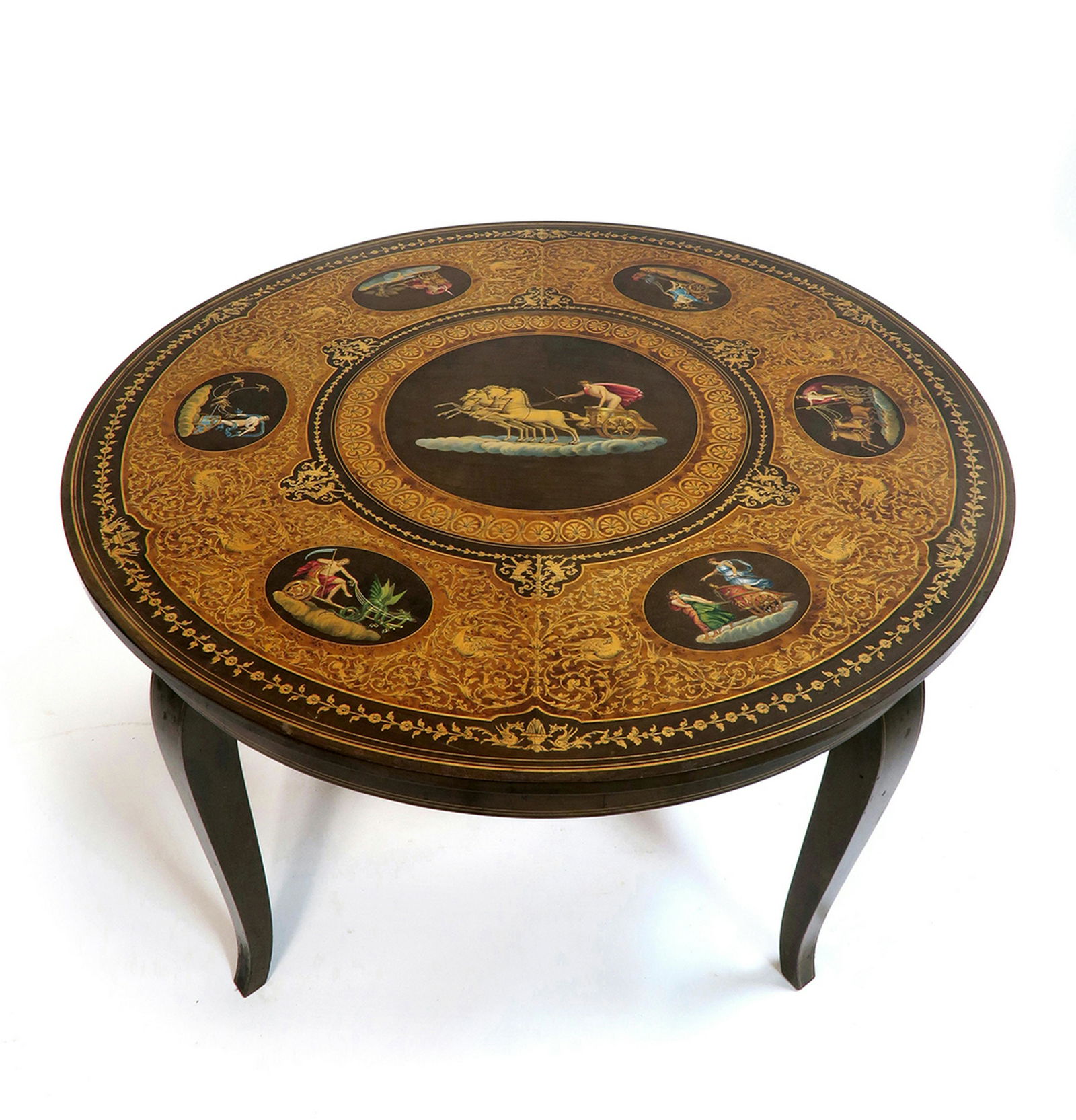 An Italian Wood Inlaid & Hand Painted Table: An Italian Inlaid Wood and Hand Painted Round Center Table. H 19" x W 30.5"