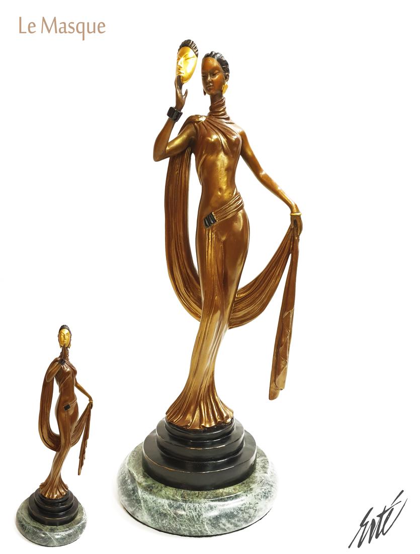 Le Masque, After ERTE Cold Painted Bronze Figurine: Le Masque, After ERTE Cold Painted Bronze Statue on Marble Base. This sculpture is based upon "Le Masque" originally created by the famous Russian born, French Artist, Erte. Premium French Bronze scul