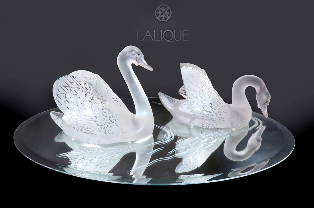 A Pair of Large Lalique Crystal Swans on Mirror (1 of 2)