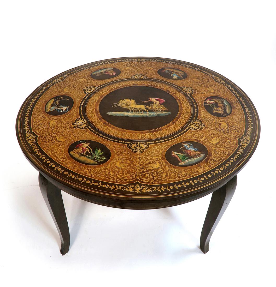 An Italian Wood Inlaid & Hand Painted Table: An Italian Inlaid Wood and Hand Painted Round Center Table. H 19" x W 30.5"