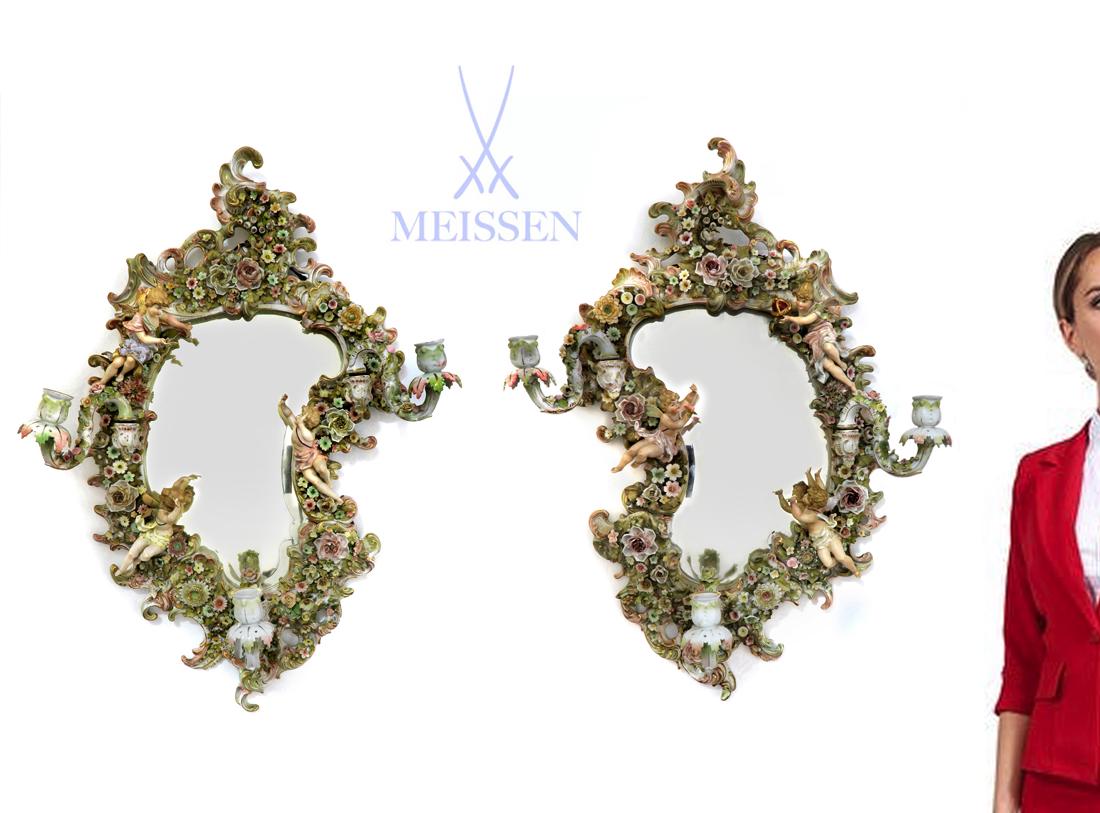 PAIR OF 19th C. FIGURAL LARGE MEISSEN PORCELAIN MIRROR (1 of 1)