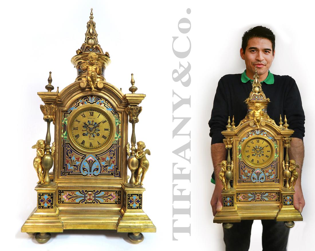 LARGE 19th C TIFFANY & Co BRONZE/CHAMPLEVE ENAMEL CLOCK (1 of 7)