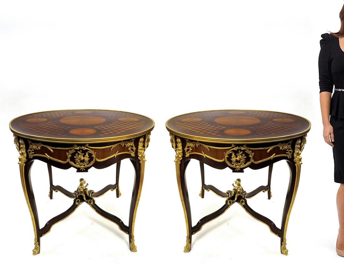 Pair of Figural Bronze Mounted Inlaid Wood Round Tables (1 of 4)