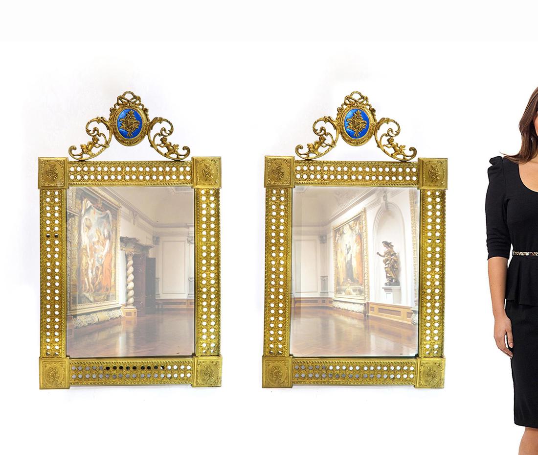 19th C. French Pair of Bronze Mirror with Enamel (1 of 1)