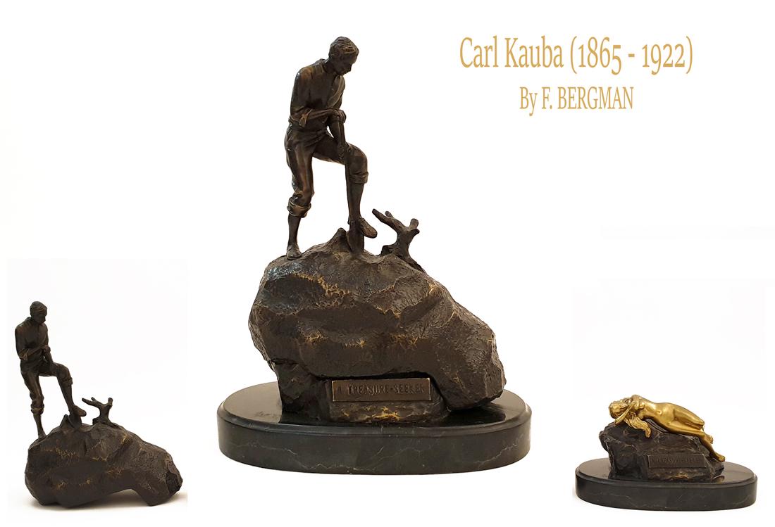 A Treasure Seeker, Carl Kauba Bronze Statue By Bergman: A Treasure Seeker, A Famous Bronze sculpture of Carl Kauba (Austrian,Vienna, 1865-1922) By Bergman on black marble base, Rare, signed. The item has 3 parts: the seeker, bronze/marble base and nude lad