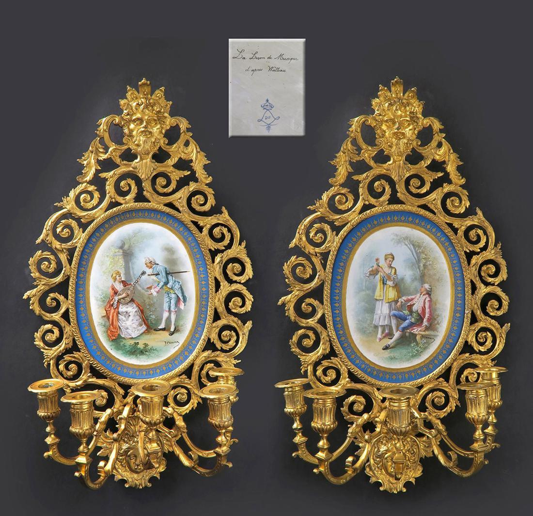 Large Pair of French Bronze & Sevres Porcelain Sconces (1 of 10)