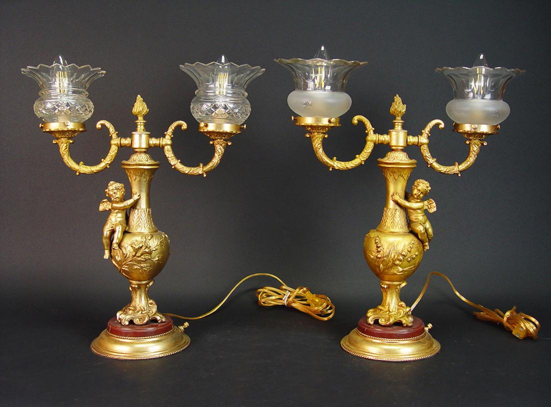 19th C Pair of Gilt Bronze Baccarat Lamps / Marble Base (1 of 2)