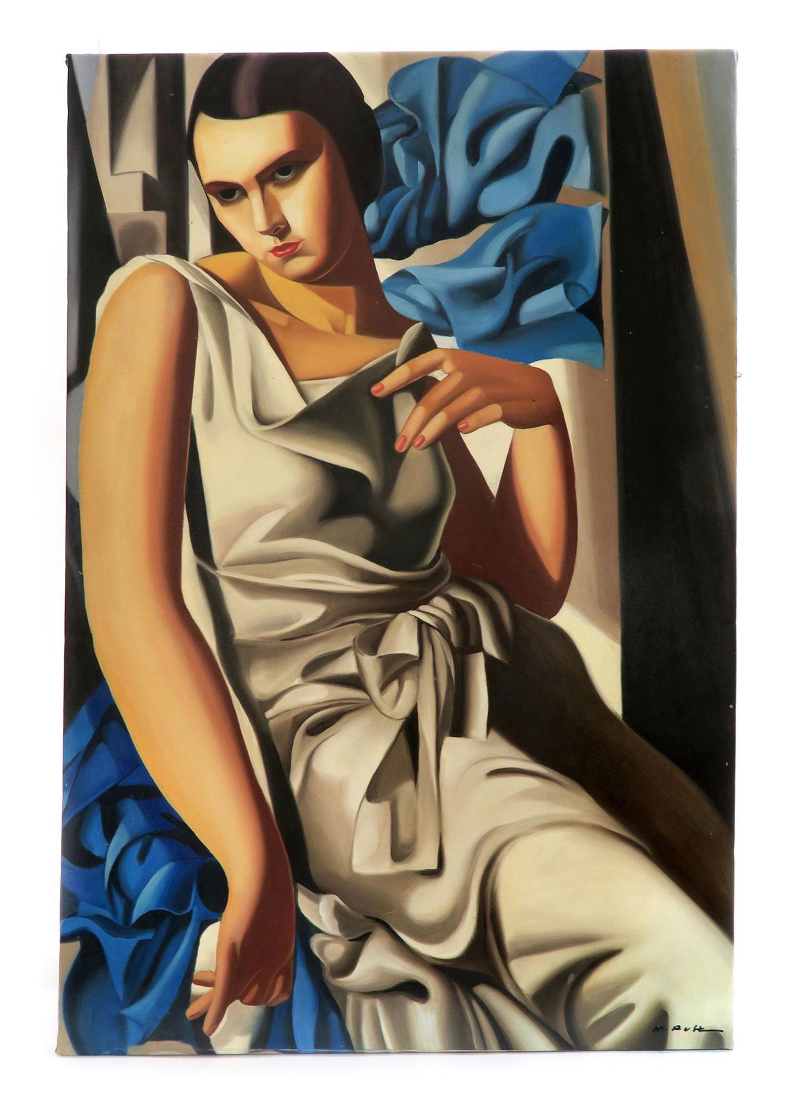 Portrait de Madame M, After Tamara de Lempicka Painting: After "Tamara de Lempicka" Oil On Canvas, Portrait de Madame M, Signed by Rust, C.1988's. 36" x 24"