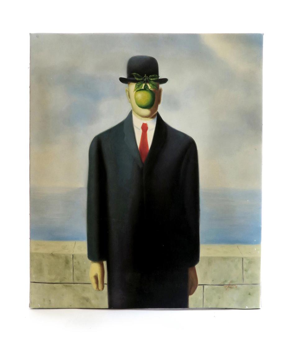 After Rene Magritte, Son of Man By Seghers: After Rene Magritte, Son of Man By Seghers, Oil on Canvas. Netherlands. 24" x 21"