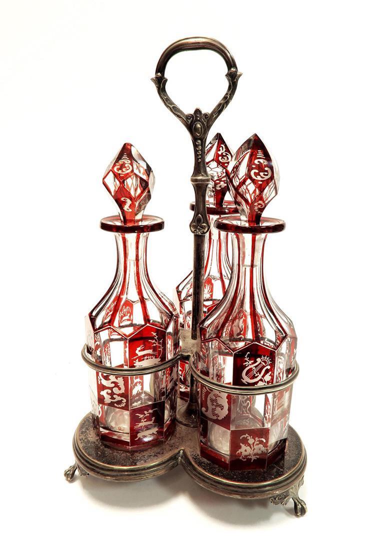 Triple Cut Crystal Cranberry Silver Plate Cruet Set (1 of 4)