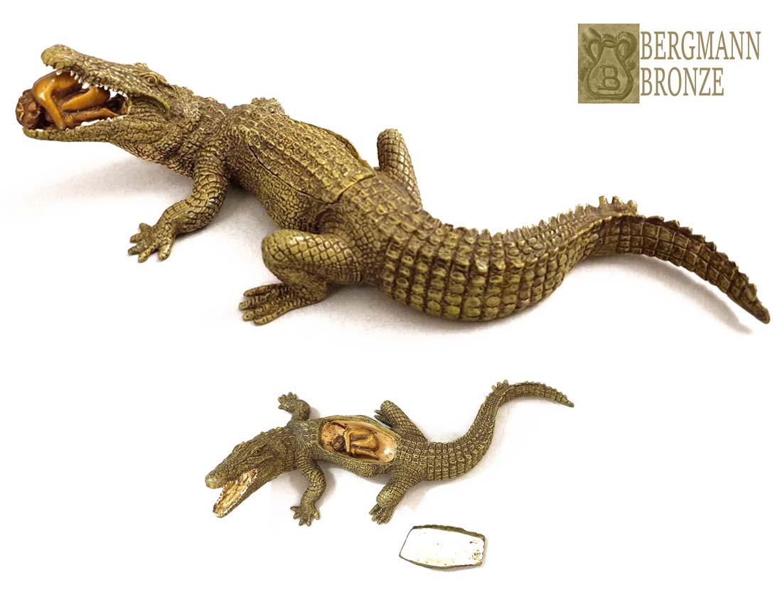 Beauty & Crocodile, F. Bergman Signed Bronze Figurine: Beauty & Crocodile, Rare Original Franz Xaver Bergmann Bronze Erotic Figurine Group, "Nam Greb" Signed, Bergman Hallmarked. H 2.1/8" x L 8.1/4" x W 3.1/2". About Artist: Franz Xaver Bergmann (or Franz