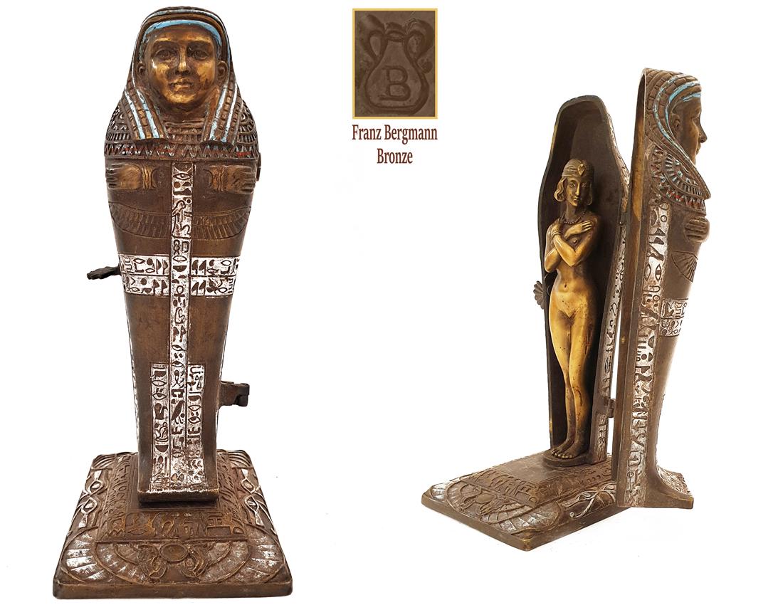 THE SARCOPHAGUS SURPRISE, Large BERGMAN Bronze Figurine: THE SARCOPHAGUS EROTIC SURPRISE, Very Rare Large Original Franz Xaver Bergmann Cold Patinated Bronze Erotic Figurine. The Sarcophagus coffin is movable and has a lock. Austrian Bergman (Nam Greb) Sign
