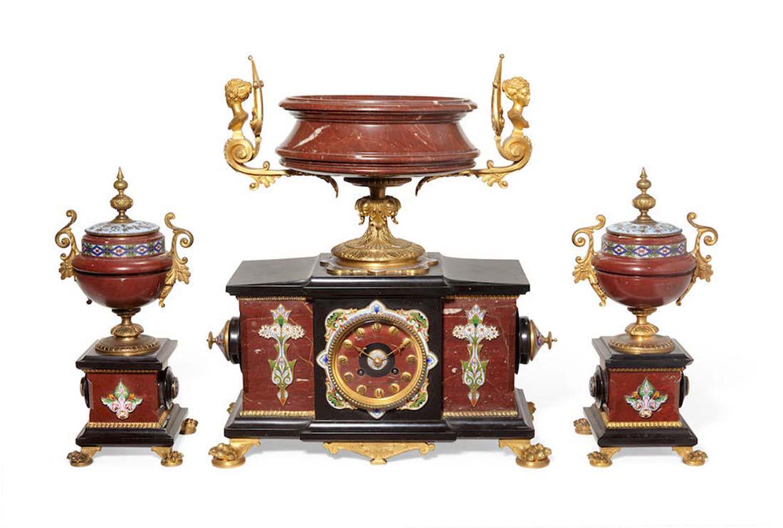 A GILT BRONZE & CHAMPELVE ENAMEL CLOCK GARNITURE SET (1 of 1)