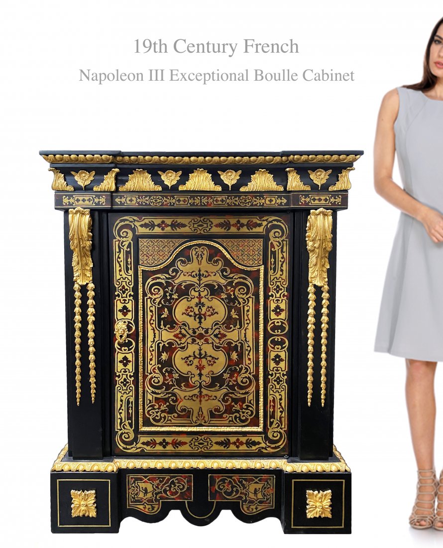 19th C. FRENCH BOULLE FIGURAL BRONZE CABINET (1 of 7)