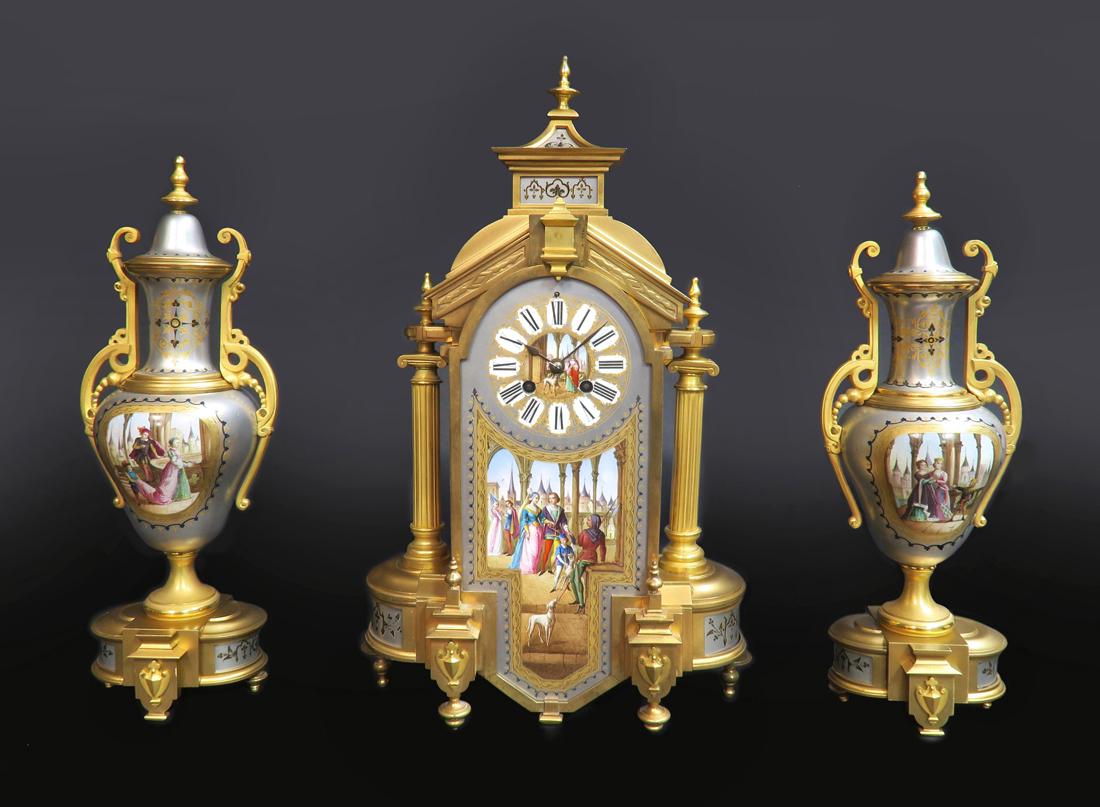 19th C. Bronze & Porcelain Platinum Ground Clock Set (1 of 7)