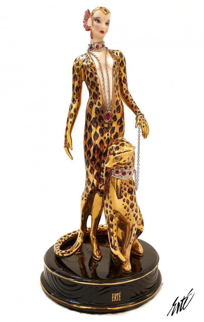 Leopard, The Franklin Mint House of ERTE Figurine: A Franklin Mint Sevenarts House of Erte "Leopard" Hand Painted Porcelain statue, Limited Edition No. A4279. H 9" x D 4"