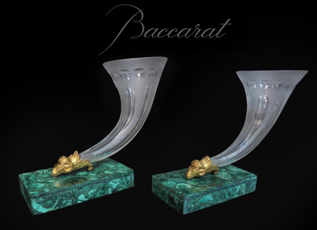 A Pair of Baccarat Crystal, Malachite Gilt Bronze Vases: A Pair of 19th Century French Baccarat Crystal, Malachite & Gilt Bronze Vases. 10" x 3.2" x H 7.5"