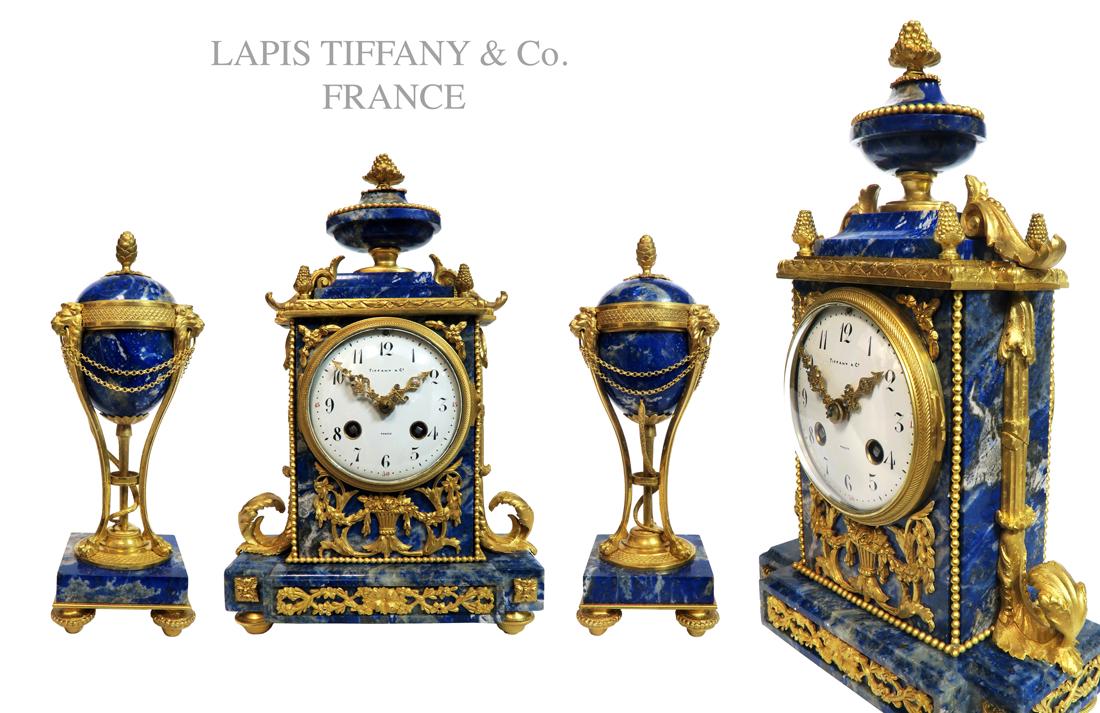 A Tiffany & Co. Lapis Lazuli Bronze Clock Set, 19th C. (1 of 6)