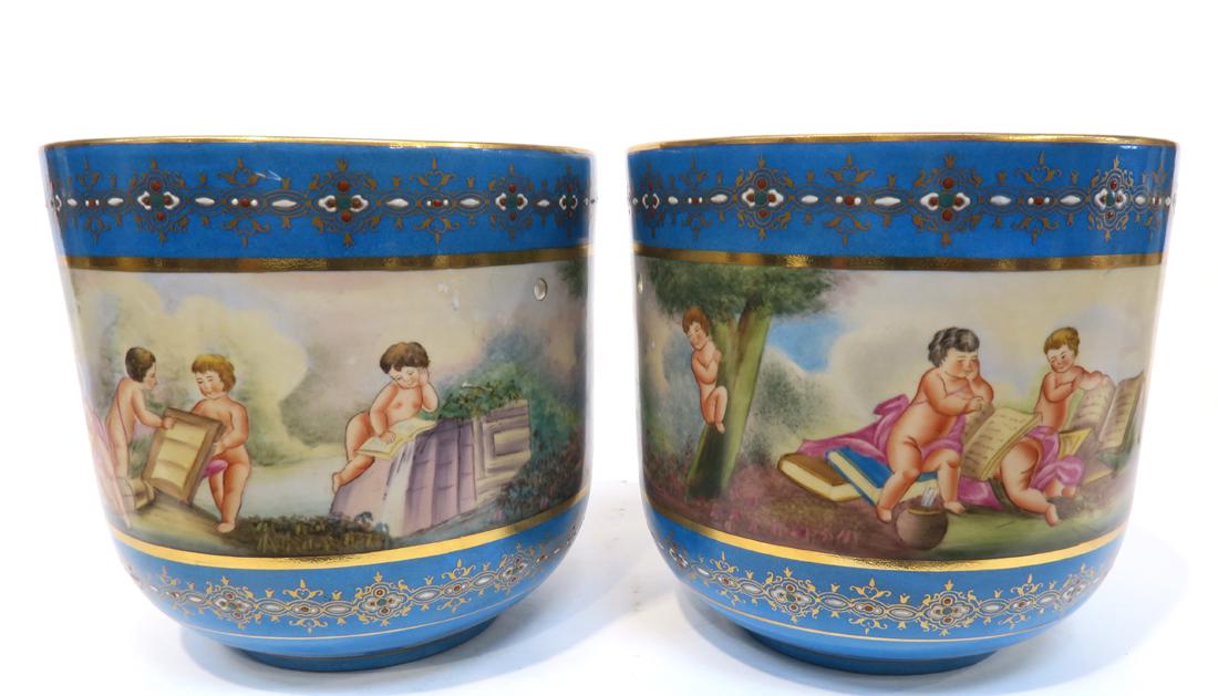 A Pair of Large Sevres Style Hand Painted Jeweled Vases (1 of 5)