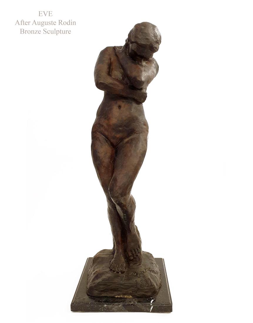 EVE, Large Post Auguste Rodin Bronze Sculpture, Signed: EVE, A Large After Auguste Rodin Patinated Bronze Sculpture on Marble base, Signed. H 32" x 12" x 11". Weight: about more than 40 lbs. About Art piece: Eve is a nude sculpture by the French artist Aug