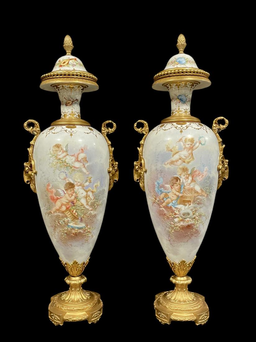 A Pair Of 19th C Sevres Hand Painted Bronze Lidded Urns (1 of 7)