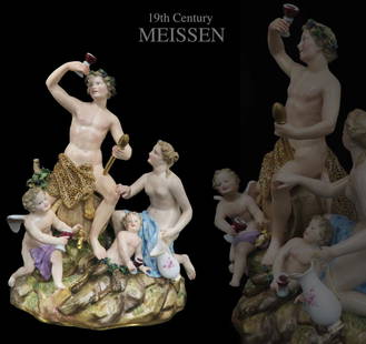 A Large Meissen Figurine Group, 19th C.: 19th C. German Meissen Hand Painted Porcelain Figurine Group. Hallmarked. H 13.1/2"